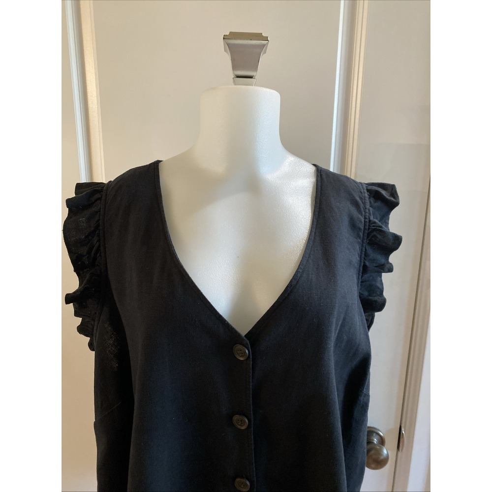 MADEWELL Black Linen Blend Womens Size 16 Sleeveless Ruffled Button Cropped - Picture 2 of 10